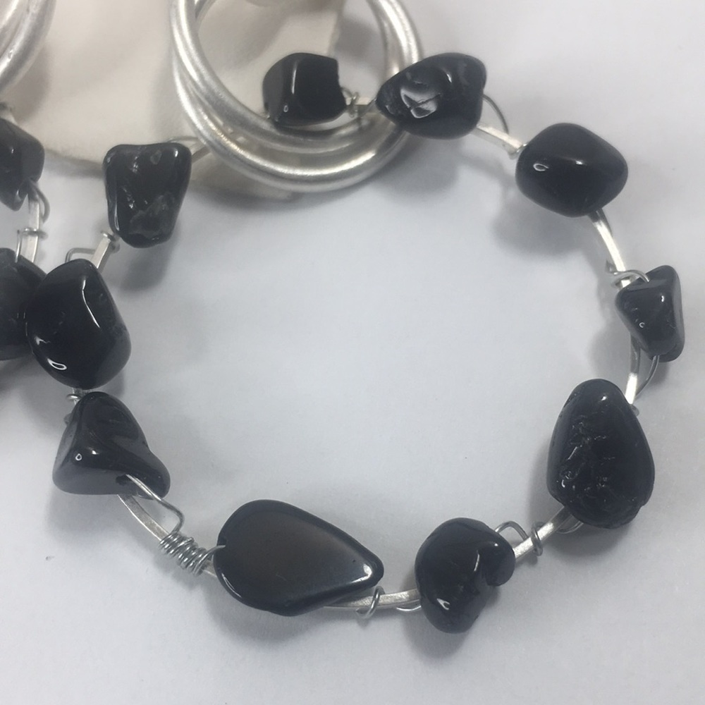 NEW Free People Iceball Hoops Silver tone Black Natural Stone - Picture 2 of 5